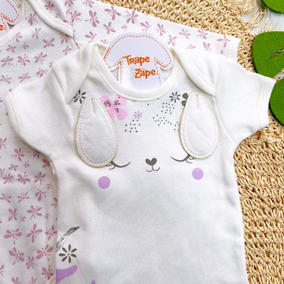 CONJ. DE MALHA 3 PEÇAS - Cachorrinha com Flores - Off White e Lilás
